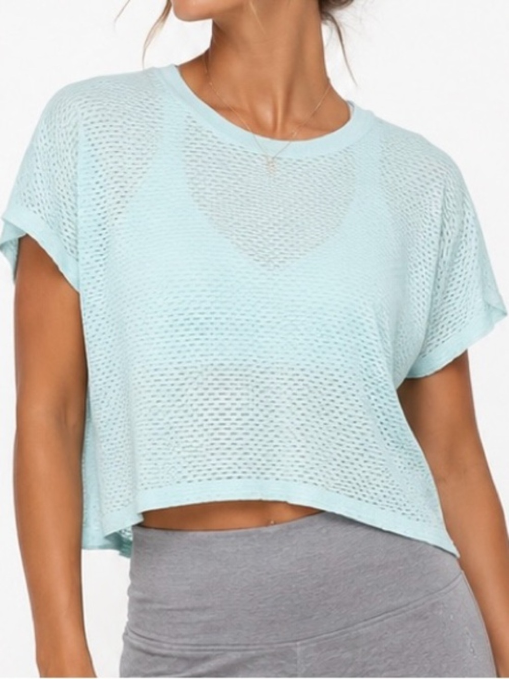 Free People Movement Aqua Mint Cropped Short Sleeve Mesh Top